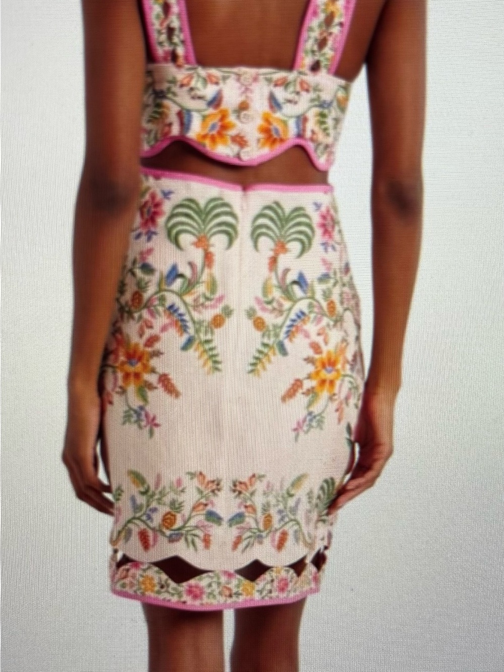 FARM Rio Cream Mini Dress Forest Linen Floral & Pink Trim Small - Picture 2 of 6